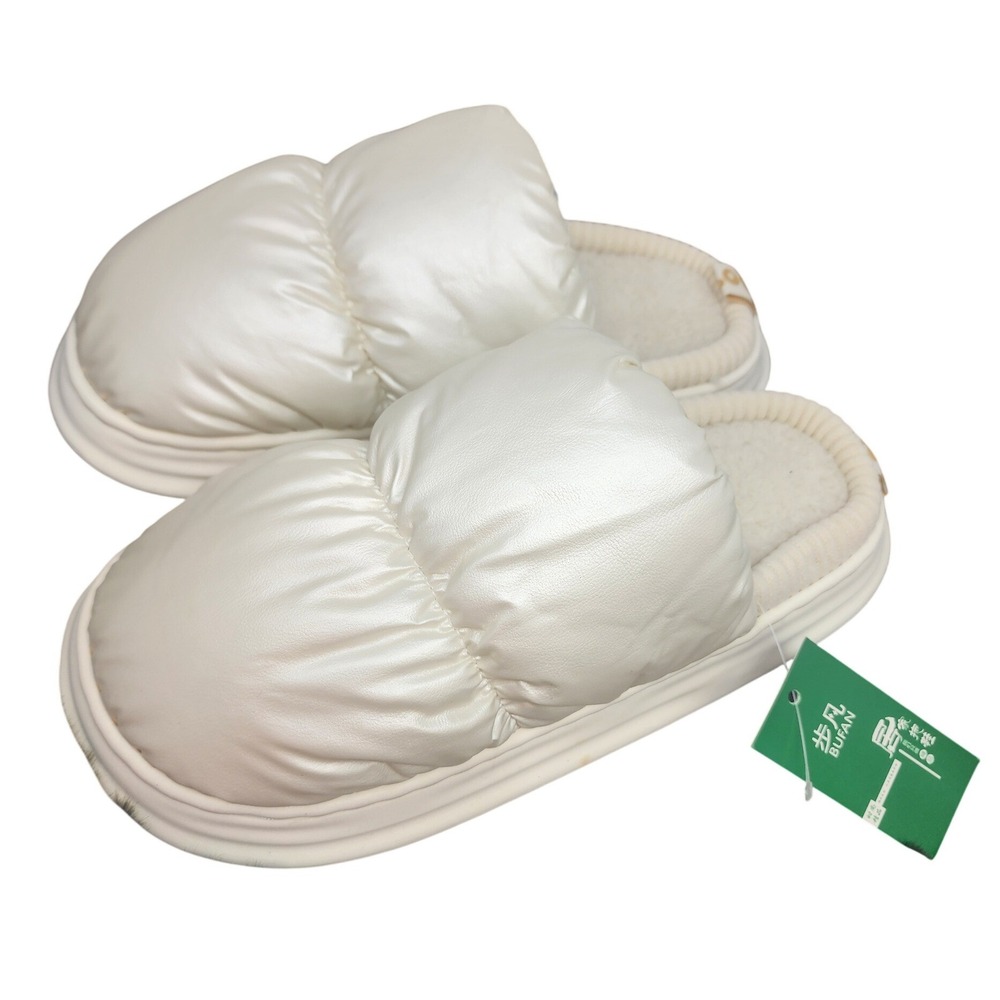 Bufan Cream Puffer Slippers Quilted Faux Fur Lined Platform Slides Womens 11 NEW